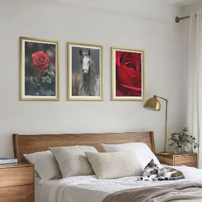 Set of 3 framed wall art pieces featuring a red roses and horse design in a gray world