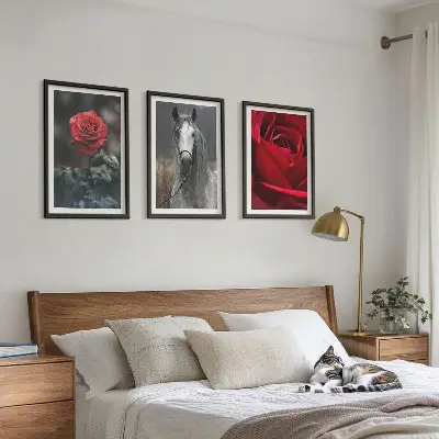 Set of 3 framed wall art pieces featuring a red roses and horse design in a gray world
