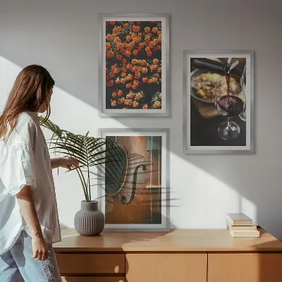Wall art set featuring vintage flowers, wine, and a violin