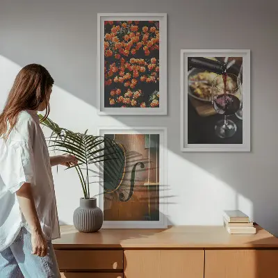 Wall art set featuring vintage flowers, wine, and a violin