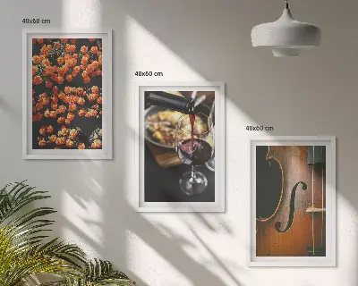 Wall art set featuring vintage flowers, wine, and a violin