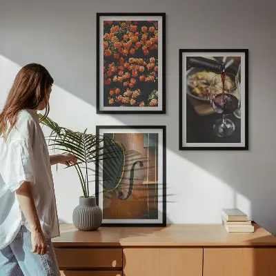 Wall art set featuring vintage flowers, wine, and a violin