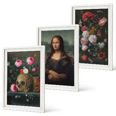 Set of 3 framed wall art pieces Flowers skull portrait Mona Lisa