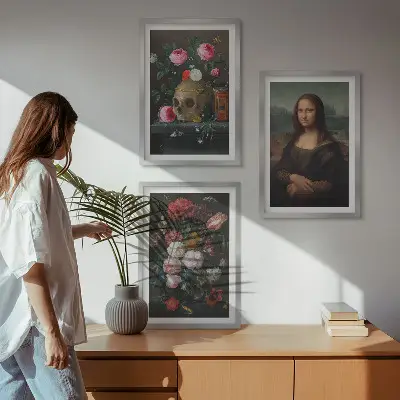 Set of 3 framed wall art pieces featuring a floral skull Mona Lisa portrait
