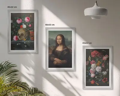 Set of 3 framed wall art pieces featuring a floral skull Mona Lisa portrait