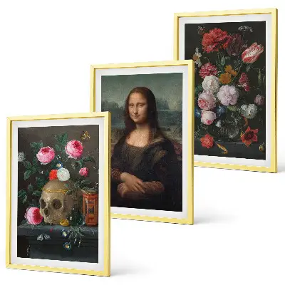 Set of 3 framed wall art pieces Flowers skull portrait Mona Lisa