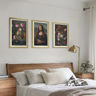 Set of 3 framed wall art pieces featuring a floral skull Mona Lisa portrait