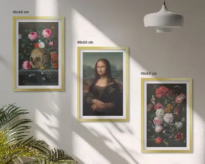 Set of 3 framed wall art pieces featuring a floral skull Mona Lisa portrait