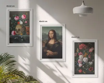Set of 3 framed wall art pieces Flowers skull portrait Mona Lisa