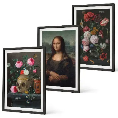 Set of 3 framed wall art pieces featuring a floral skull Mona Lisa portrait
