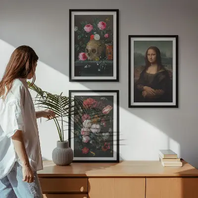 Set of 3 framed wall art pieces featuring a floral skull Mona Lisa portrait