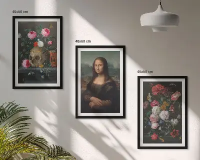 Set of 3 framed wall art pieces featuring a floral skull Mona Lisa portrait