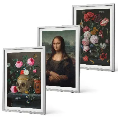 Set of 3 framed wall art pieces featuring a floral skull Mona Lisa portrait