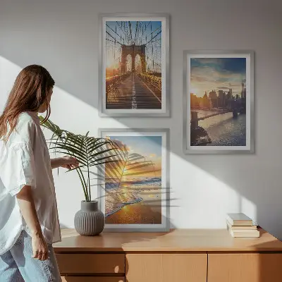 Wall art set featuring a bridge during a city sunset