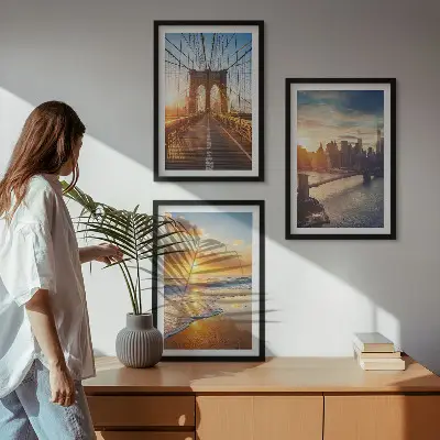 Wall art set featuring a bridge during a city sunset