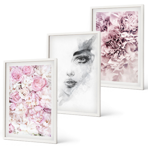 Three-piece wall art piece Peonies portrait of a woman in black and white