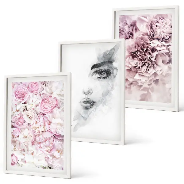 Peonies portrait of a woman wall art three-piece set in black and white