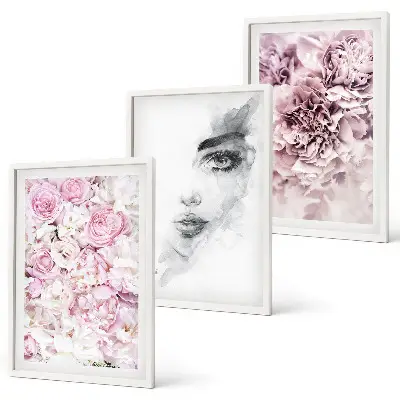 Peonies portrait of a woman wall art three-piece set in black and white