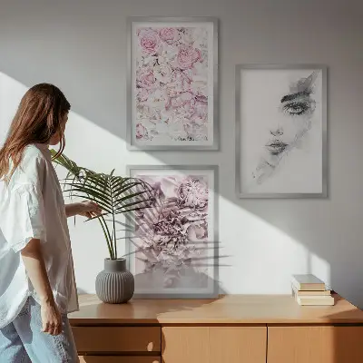 Peonies portrait of a woman wall art three-piece set in black and white