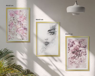 Three-piece wall art piece Peonies portrait of a woman in black and white