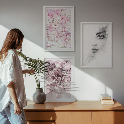 Three-piece wall art piece Peonies portrait of a woman in black and white