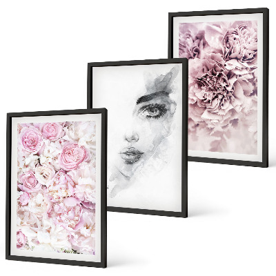 Three-piece wall art piece Peonies portrait of a woman in black and white