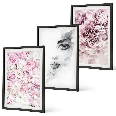 Peonies portrait of a woman wall art three-piece set in black and white
