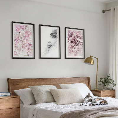 Three-piece wall art piece Peonies portrait of a woman in black and white