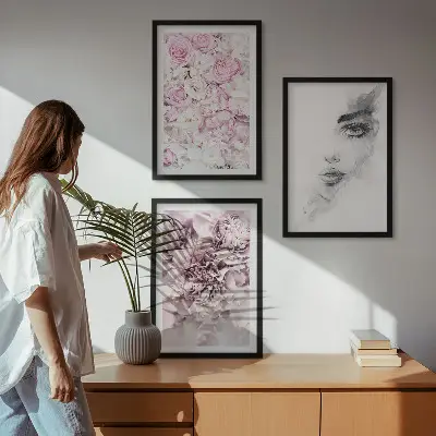Peonies portrait of a woman wall art three-piece set in black and white