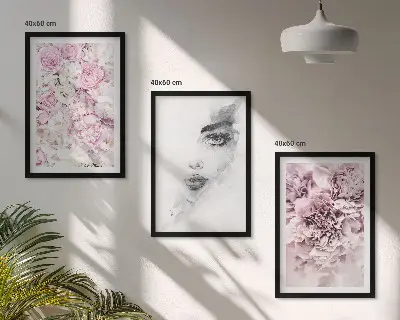 Peonies portrait of a woman wall art three-piece set in black and white
