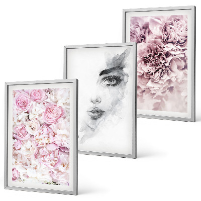 Three-piece wall art piece Peonies portrait of a woman in black and white