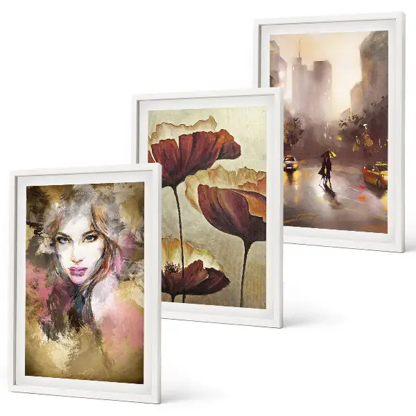 Three-piece abstract wall art portrait of a woman with flowers and rain