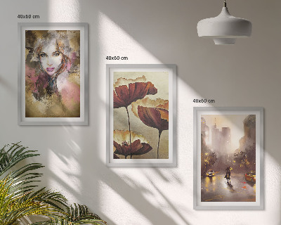 Three-piece wall art piece Abstract portrait of a woman with flowers and rain