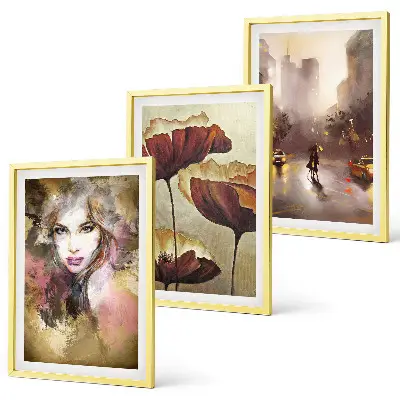 Three-piece abstract wall art portrait of a woman with flowers and rain