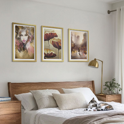Three-piece wall art piece Abstract portrait of a woman with flowers and rain