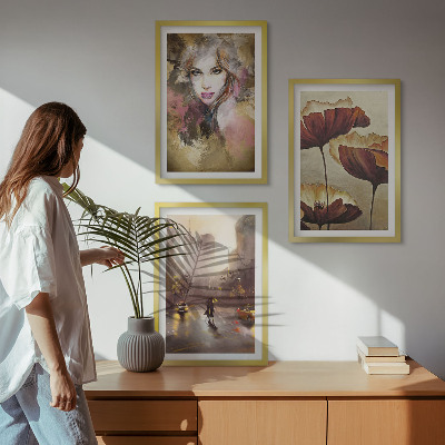 Three-piece wall art piece Abstract portrait of a woman with flowers and rain