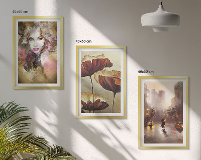 Three-piece wall art piece Abstract portrait of a woman with flowers and rain