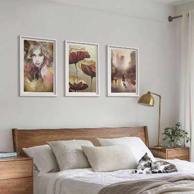 Three-piece wall art piece Abstract portrait of a woman with flowers and rain