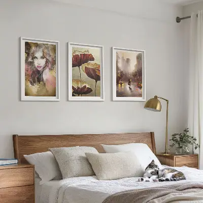Three-piece abstract wall art portrait of a woman with flowers and rain
