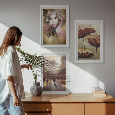Three-piece wall art piece Abstract portrait of a woman with flowers and rain