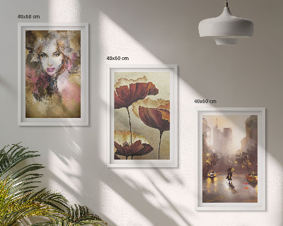 Three-piece wall art piece Abstract portrait of a woman with flowers and rain