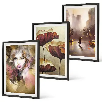 Three-piece abstract wall art portrait of a woman with flowers and rain