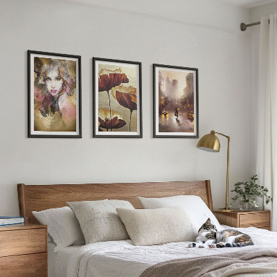 Three-piece wall art piece Abstract portrait of a woman with flowers and rain