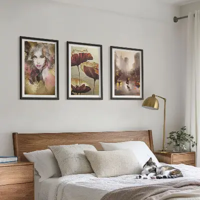Three-piece abstract wall art portrait of a woman with flowers and rain