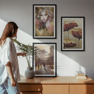 Three-piece wall art piece Abstract portrait of a woman with flowers and rain