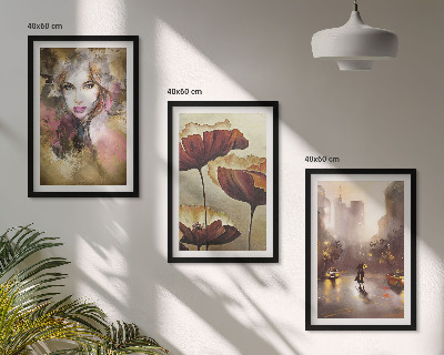 Three-piece wall art piece Abstract portrait of a woman with flowers and rain