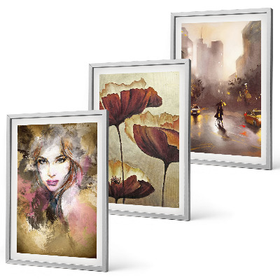 Three-piece wall art piece Abstract portrait of a woman with flowers and rain