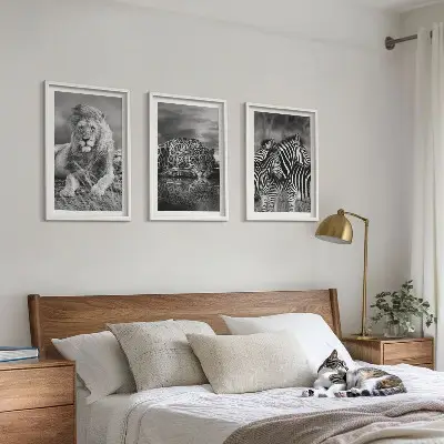 Set of 3 framed wall art pieces Wild animals of the savannah