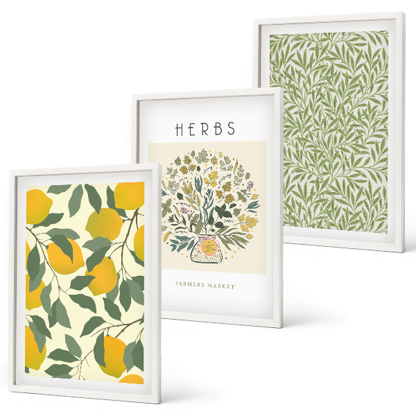 Wall art set Lemons with herbs and leaves