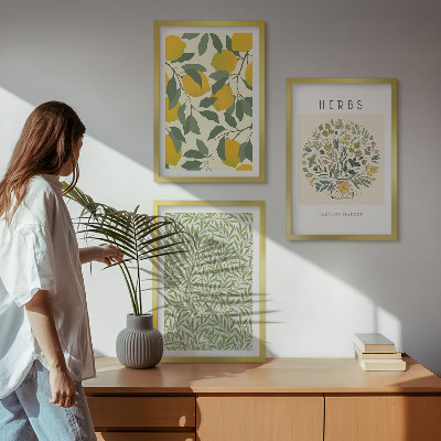 Wall art set Lemons with herbs and leaves